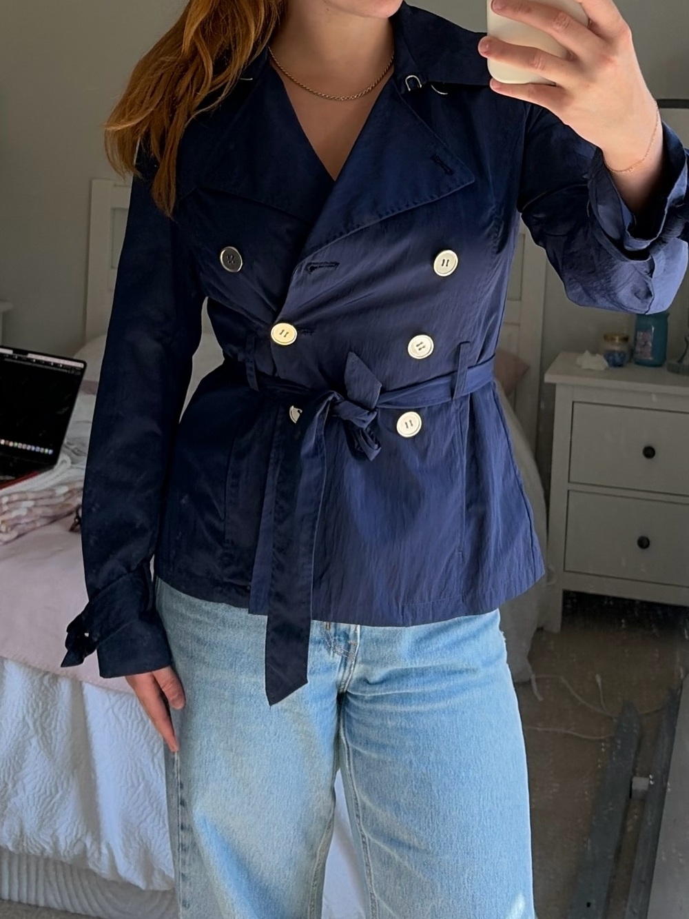 Nine West Navy Double-Breasted Trench Coat with Waist Tie